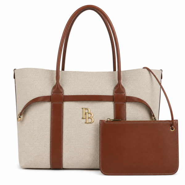 Premium Canvas & Leather Shopper Tote Bag with Pouch – Beige & Cognac
