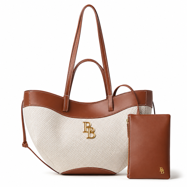 Premium Canvas & Leather Shopper Tote Bag with Pouch – Beige & Cognac