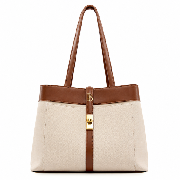 Premium Canvas & Leather Lock Shopper Tote – Beige & Cognac