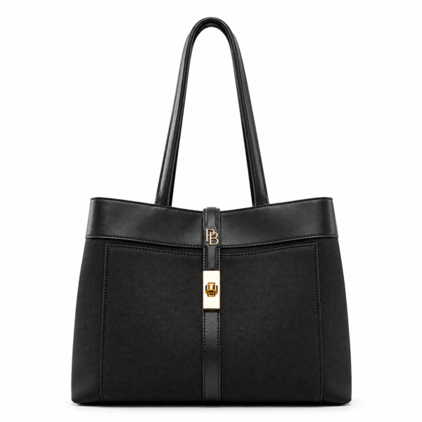 Premium Canvas & Leather Lock Shopper Tote – Black
